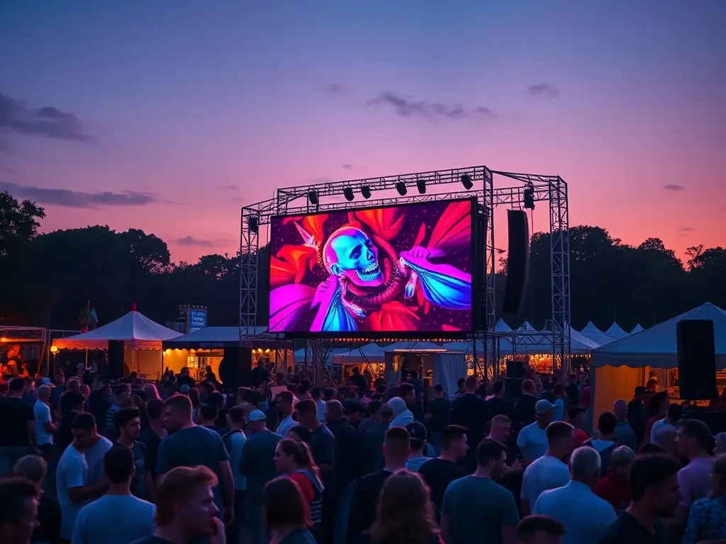 An outdoor rental LED display at a bustling festival attracting crowds.