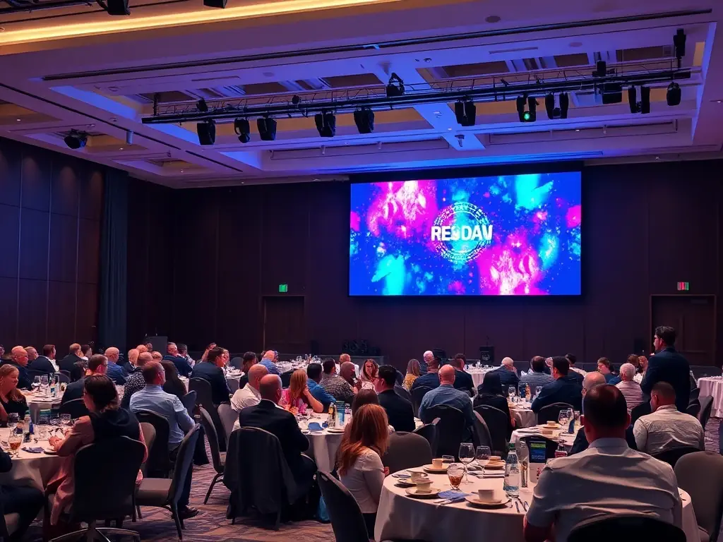 An indoor corporate event with a large LED display showcasing a presentation.