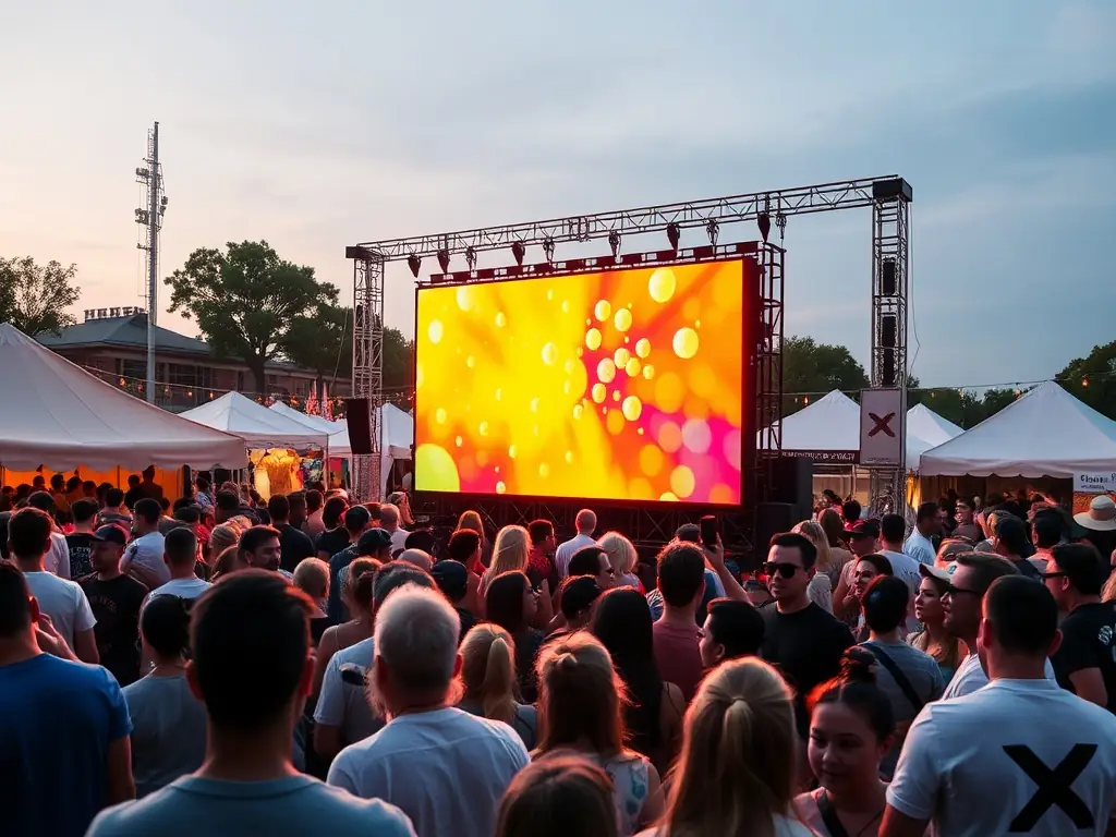Outdoor rental LED display at a bustling festival, surrounded by excited crowds.